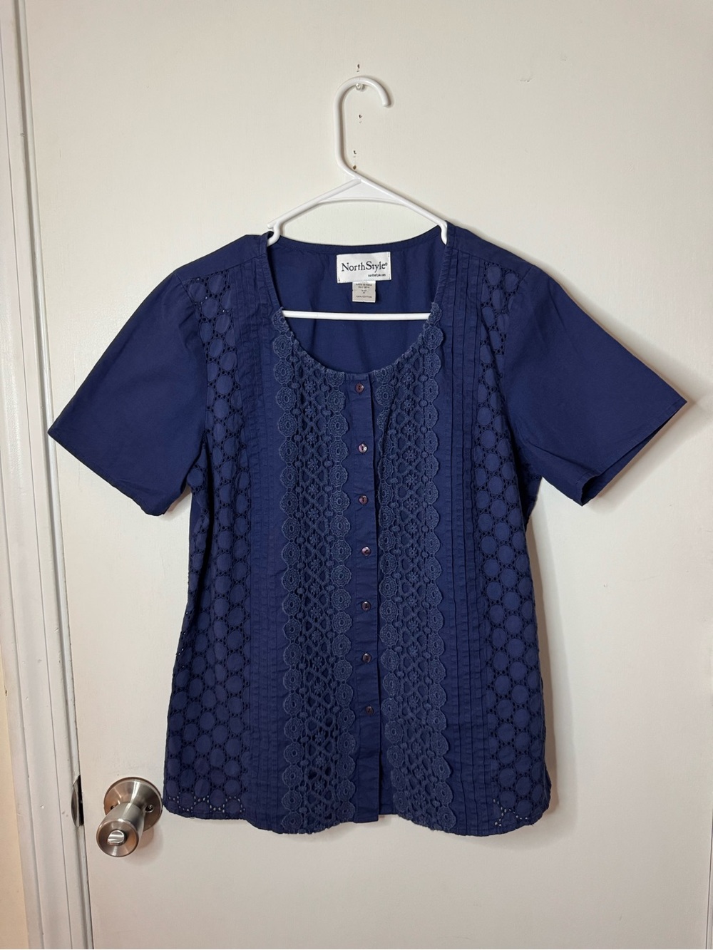 NorthStyle Navy Lace-Front Button Down Blouse